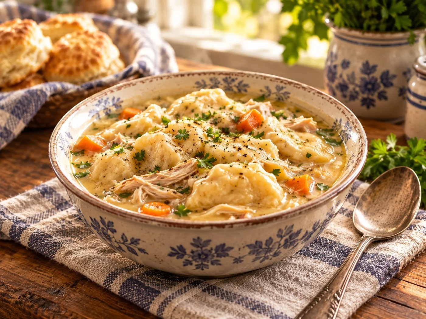 Old-fashioned chicken and dumplings in a serving bowl