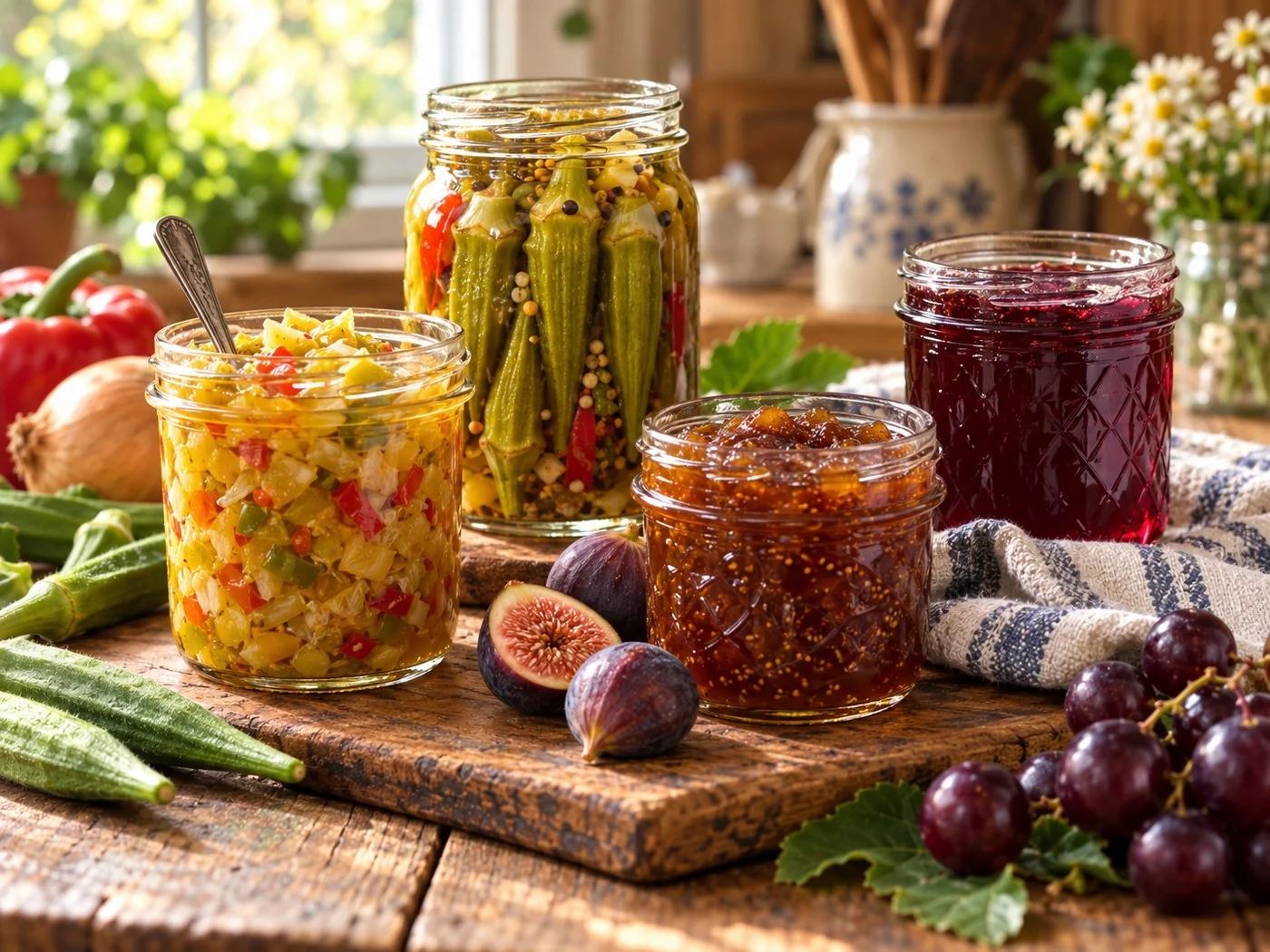 Jars of chow-chow, pickled okra and preserves